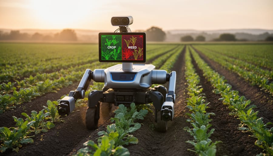 Autonomous agricultural robot with sensors moving through crop rows in field