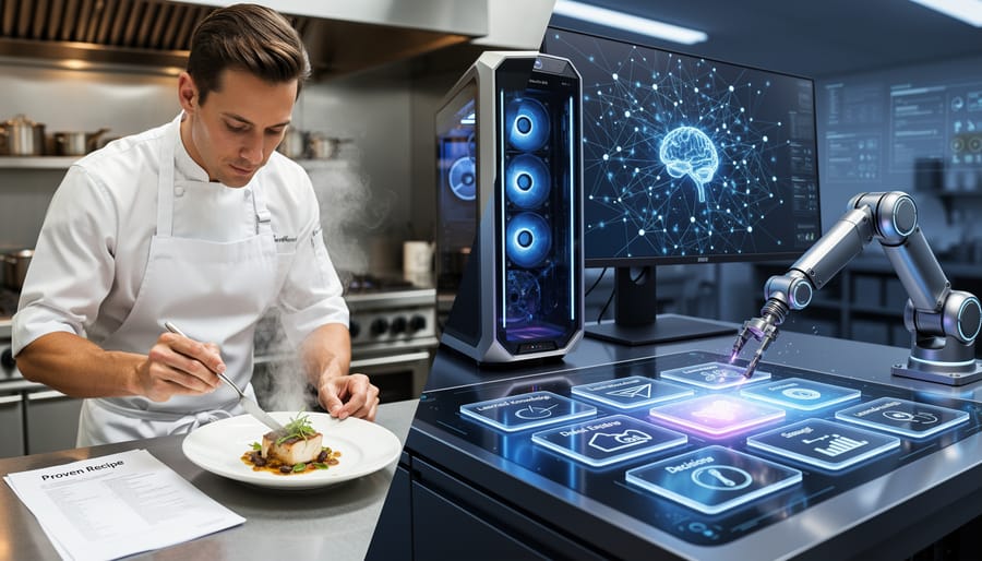 Chef reviewing recipe card with prepared ingredients in professional kitchen