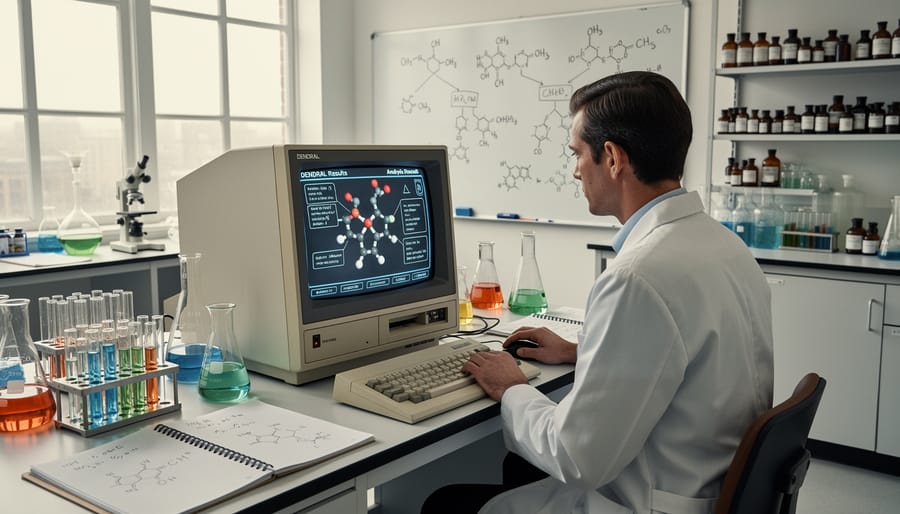 Scientist examining molecular structure model in chemistry laboratory setting