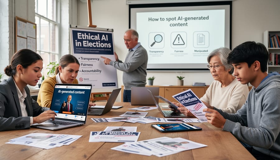 Diverse group of people collaborating at table examining information and discussing together