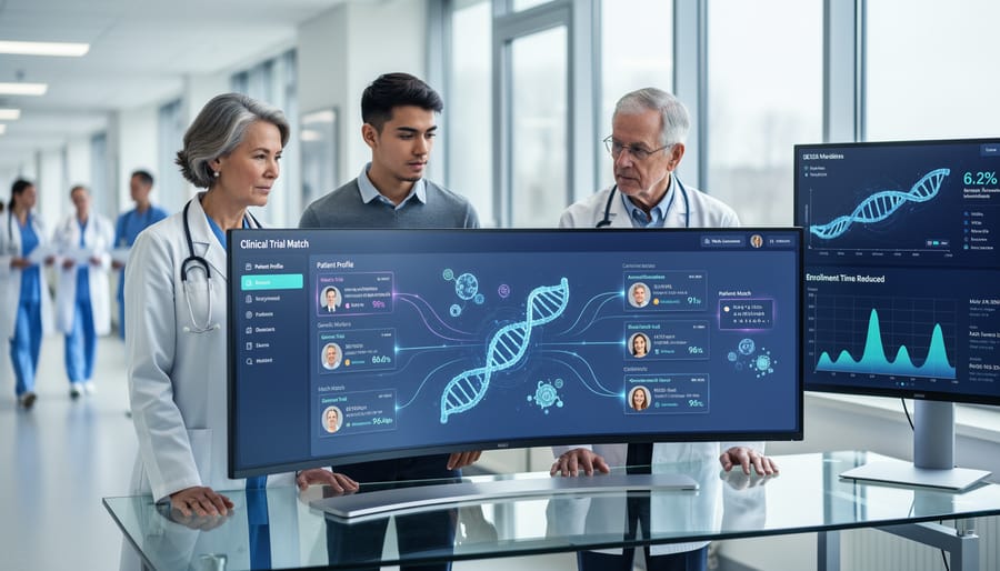 Healthcare professional using AI system to review patient data for clinical trial matching