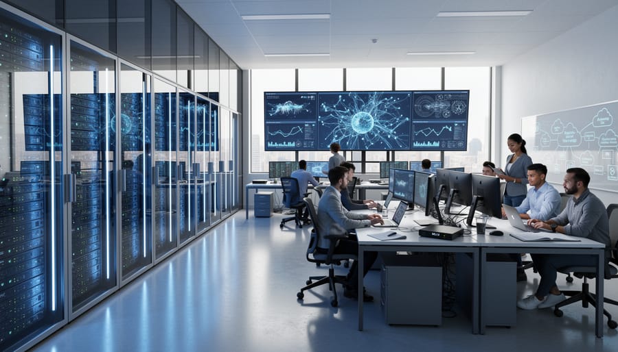 Modern data center server room with illuminated computer equipment and cooling systems