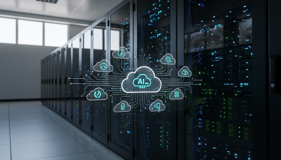 Modern data center with rows of servers processing cloud-based inference requests