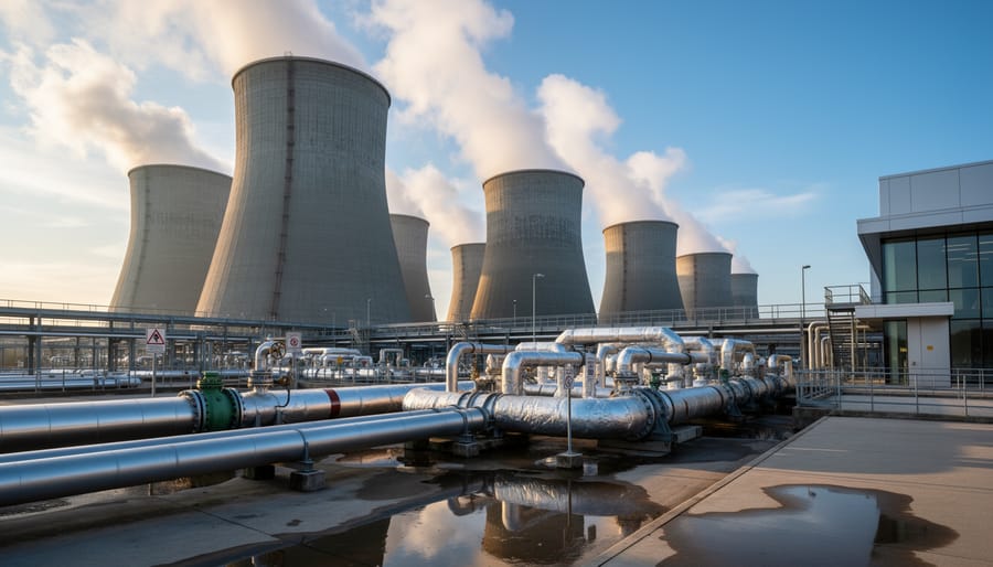 Large industrial cooling towers at data center releasing water vapor into the sky
