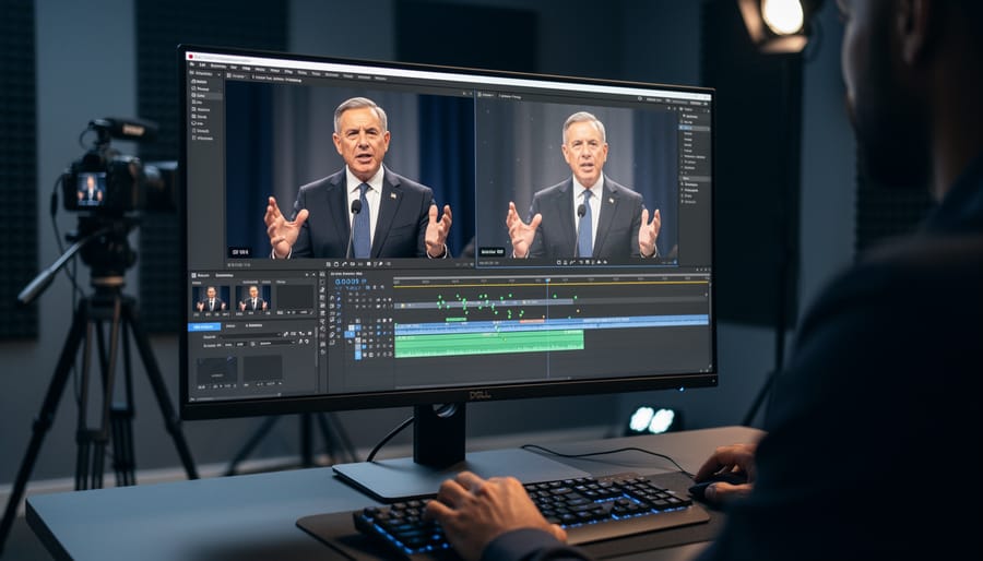 Computer screen showing deepfake video manipulation of human face
