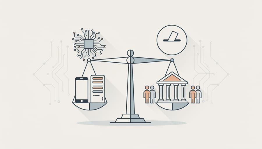 Hands holding scales balancing digital technology symbols with traditional voting ballots