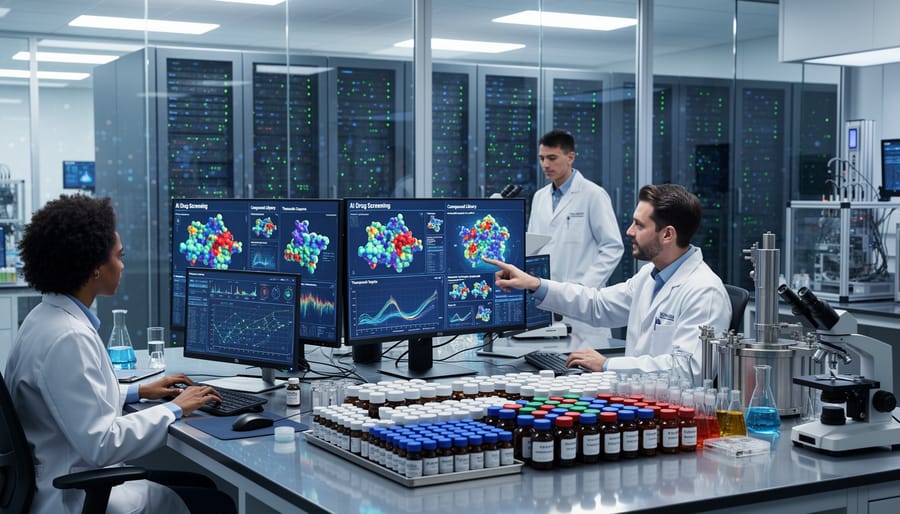 Array of pharmaceutical medications with digital technology in background