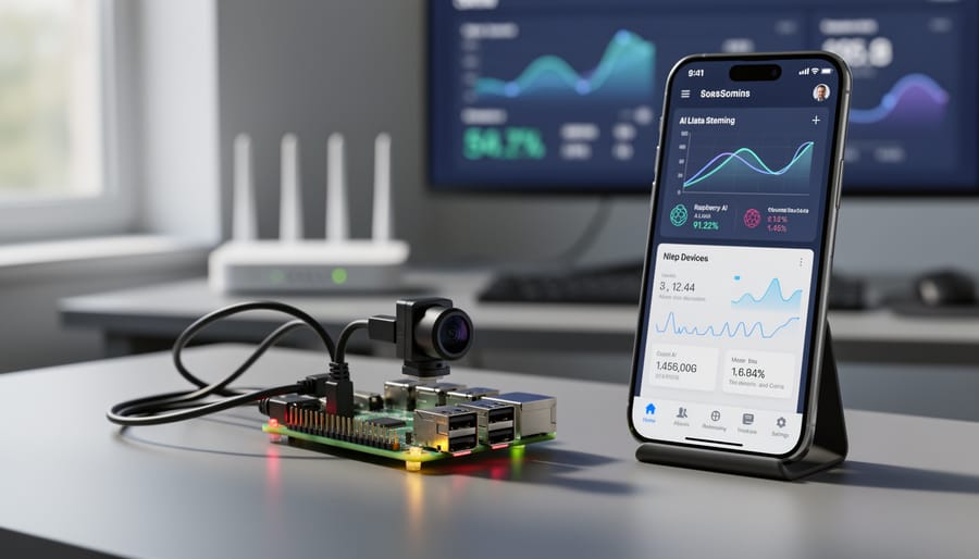Raspberry Pi board and smartphone on workspace representing edge computing devices