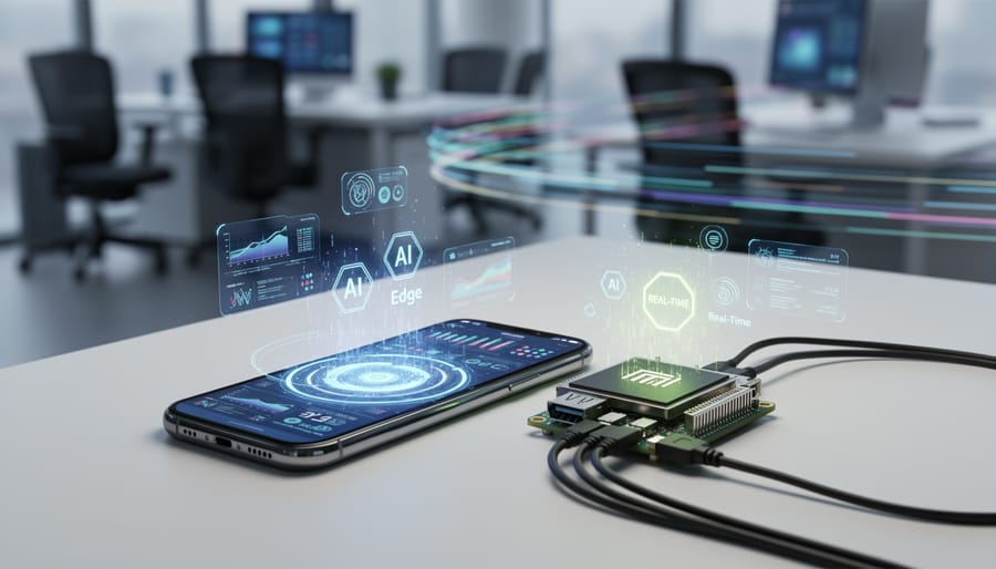 Professional using smartphone with on-device AI processing capabilities