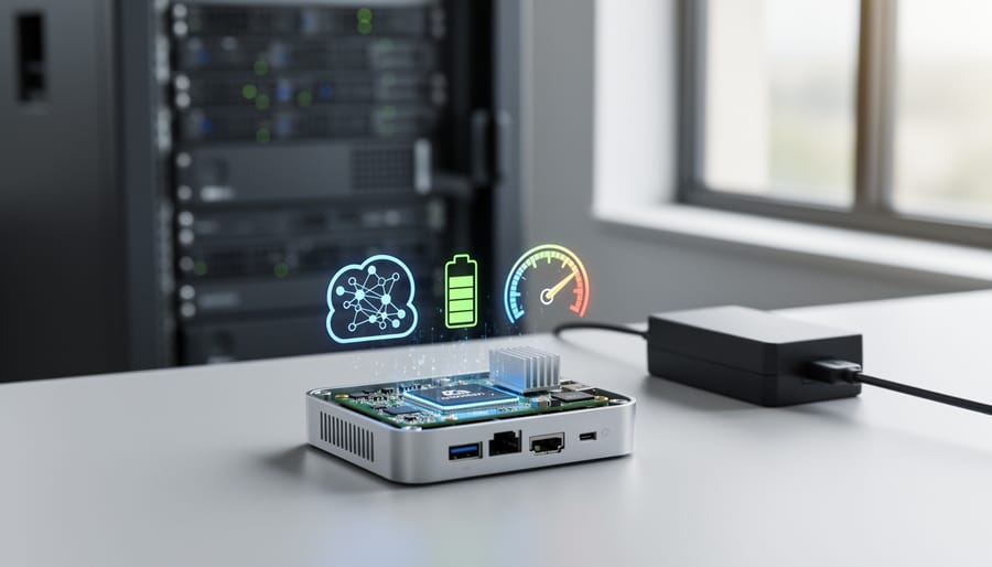 Engineer examining circuit board and power consumption on edge computing device
