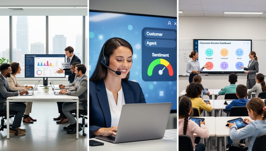 Diverse team collaborating with humanoid robot in modern office environment