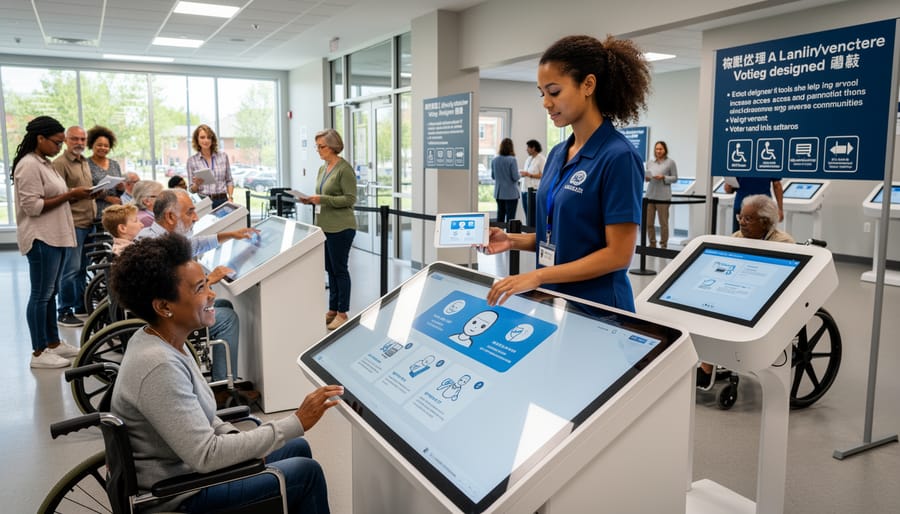 Diverse group of citizens receiving voting assistance at community registration table