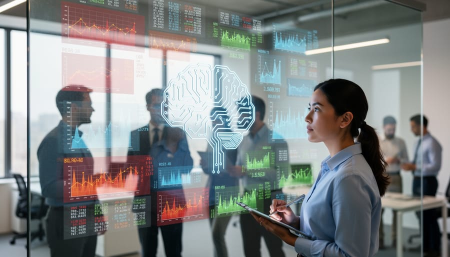 Magnifying glass examining data documents on desk