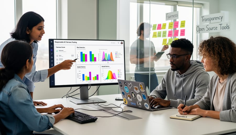 Laptop displaying code with team collaboration in background