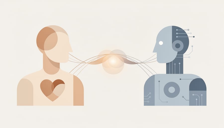 Human hand reaching toward holographic robotic hand symbolizing human-AI interaction