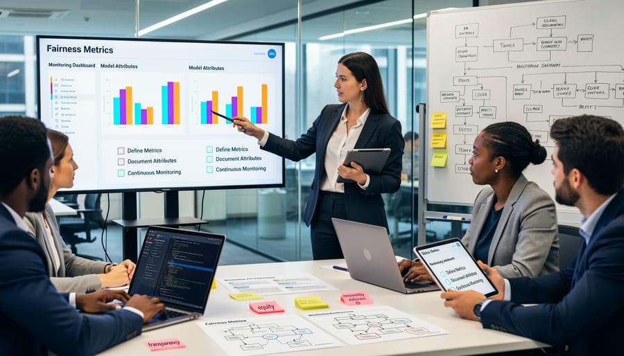 Person working on laptop with notebook for planning AI fairness implementation