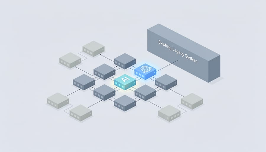 Modular shipping containers arranged in connected configuration representing microservices architecture