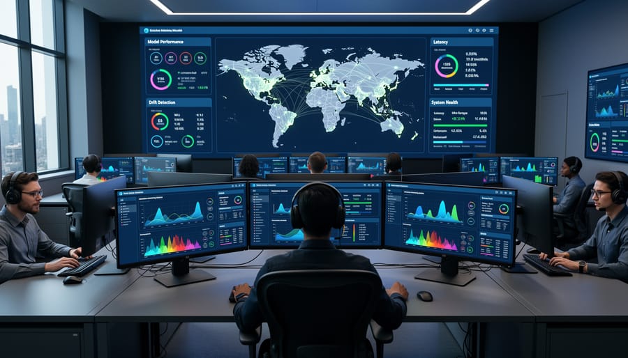 Server room with monitoring equipment and status indicators