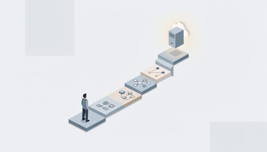 Hiker ascending mountain trail with distinct elevation stages visible