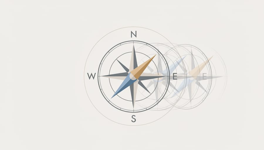 Close-up of navigation compass showing potential directional drift