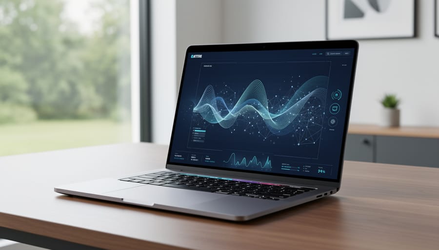 Modern laptop computer on desk in professional workspace environment
