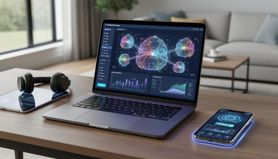 Laptop and smartphone on desk representing devices capable of running offline AI