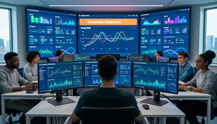 Computer monitors showing system alerts and data streams in a production environment