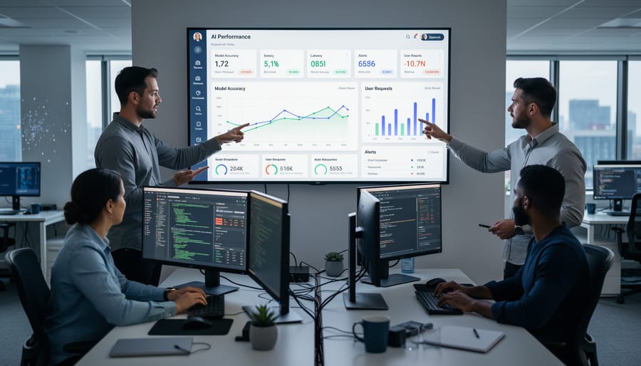 Operator monitoring multiple data visualization displays in control room