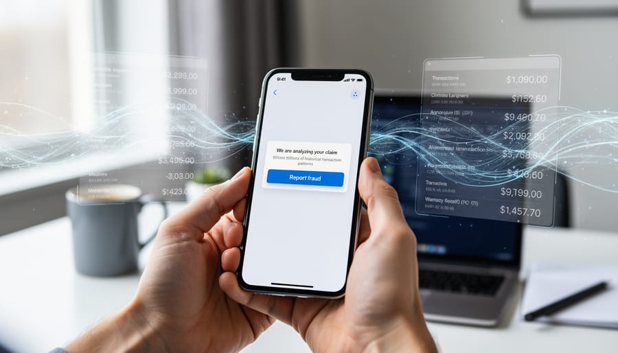 Person using smartphone banking app with credit card on desk to report fraudulent transaction