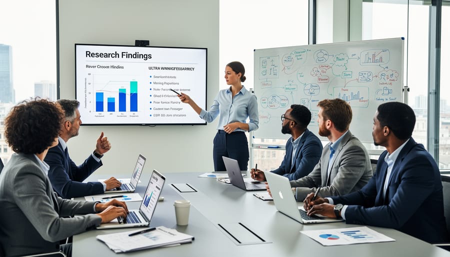 Researcher presenting technical work on whiteboard to colleagues in conference room