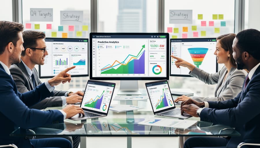 Business professional reviewing sales analytics and reports with laptop nearby