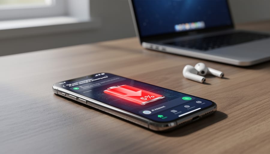 Person checking smartphone battery level during AI processing