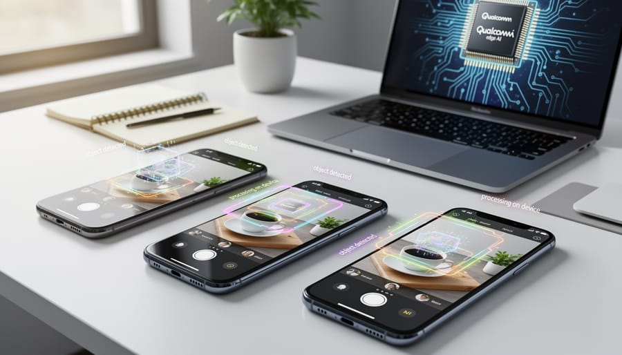 Person using smartphone camera with AI features to photograph coffee cup on table