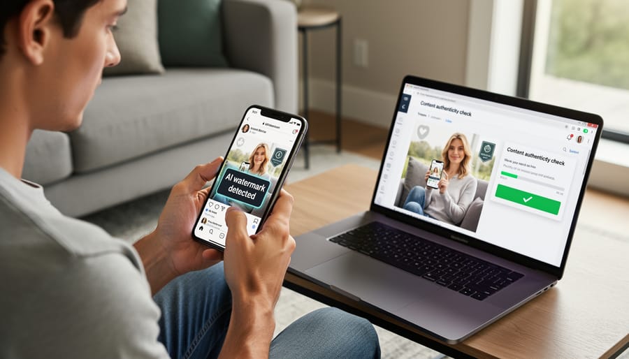People viewing and verifying content on their mobile devices in casual setting
