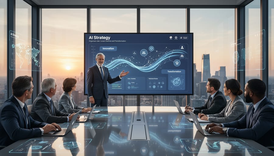 Business leader presenting AI strategy to executive team in modern boardroom