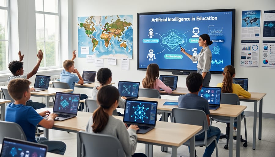 Diverse group of students collaborating on computer coding project in classroom setting