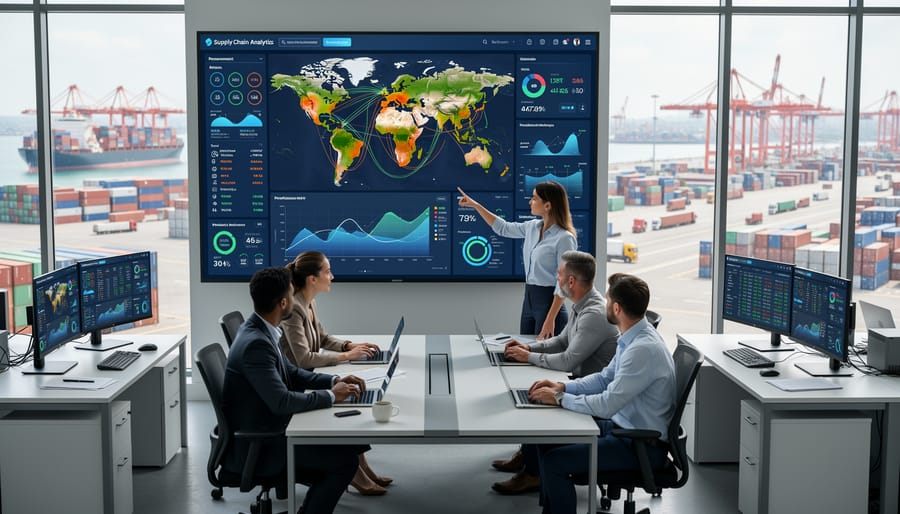 Supply chain analyst working with multiple data screens in modern control room