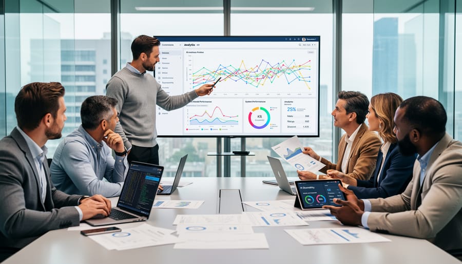 Team of professionals collaborating on laptop in modern office