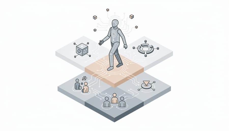 Three levels of modern workplace showing individual work, team collaboration, and strategic leadership spaces