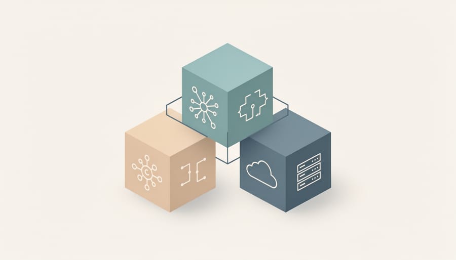 Overhead view of three workstations representing machine learning, software engineering, and cloud infrastructure