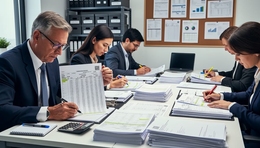 Bank fraud investigator reviewing transaction data on multiple computer monitors