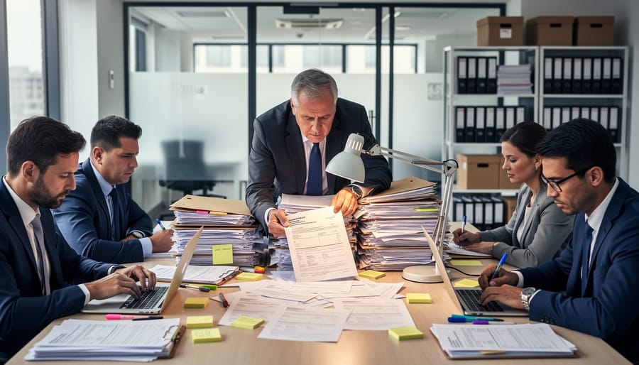 Insurance underwriter surrounded by stacks of paper documents at desk