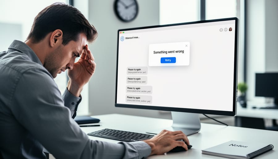 User hesitating at computer with error reflection visible in glasses