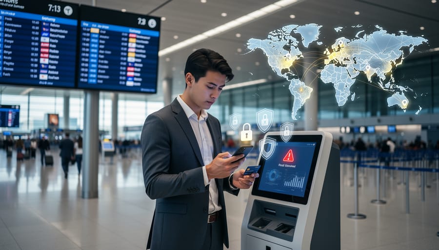 Traveler holding credit card at airport terminal with departure information in background