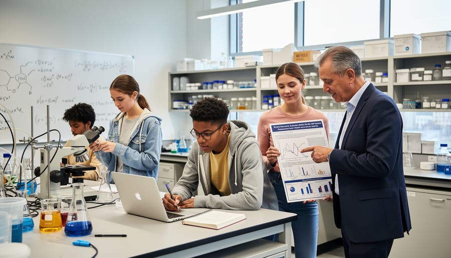 University students collaborating on research project with laptop in library setting