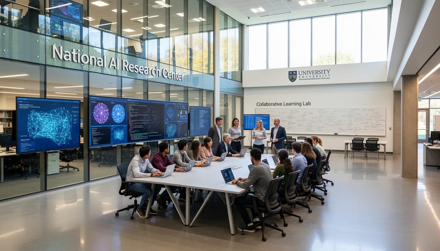 Aerial view of modern university campus with research buildings and outdoor study spaces