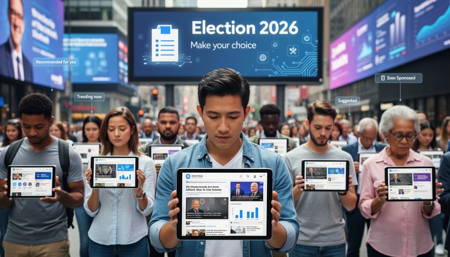 Diverse voters in line at polling station looking at their smartphones