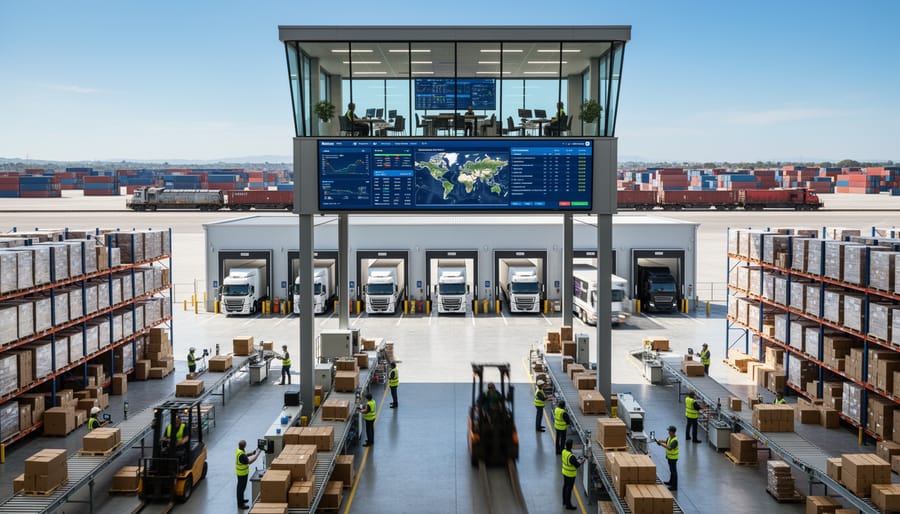 Aerial view of distribution warehouse with loading docks and semi-trucks