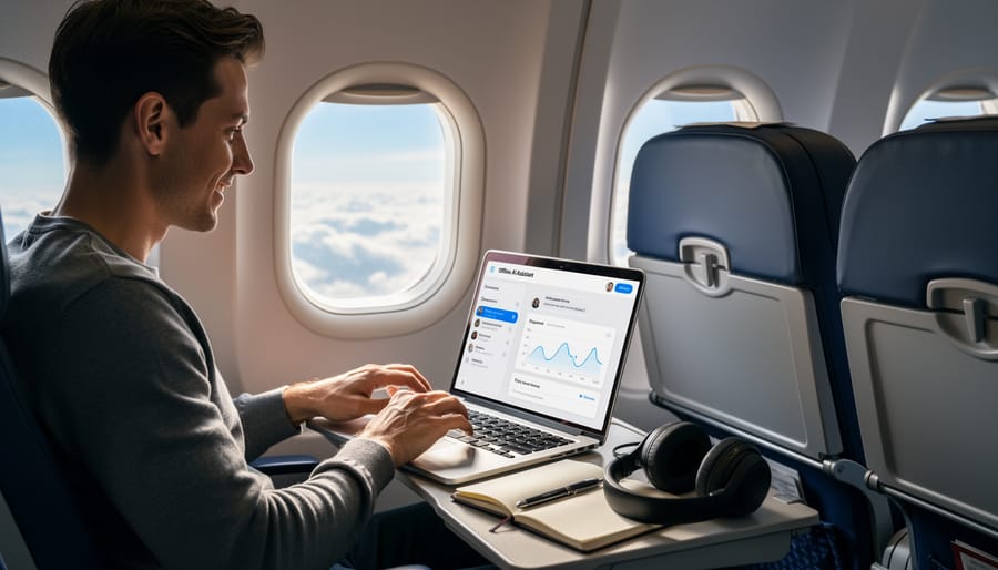 Person working on laptop during flight demonstrating offline productivity