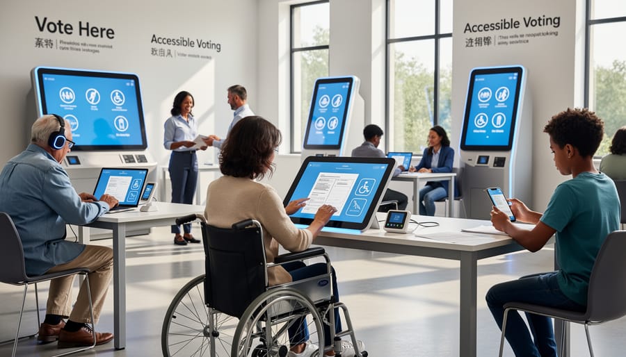 Elderly voter using accessible AI-powered tablet interface at polling station